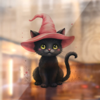 ピンクの魔女の帽子をかぶったかわいい黒猫のハロウィン窓飾り ウィンドウサイン