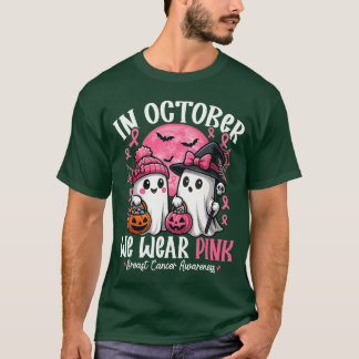 ピンクの魔女の幽霊 乳がん啓発Tシャツ 10月はピンクを着よう Tシャツ