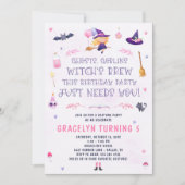 ピンクの魔女の誕生日パーティーへの招待 招待状 (正面)