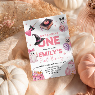 ピンクの魔女の1歳の誕生日おめでとう She's A Spooky One 招待状