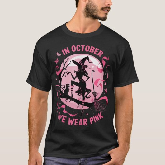 ピンクの魔女ハロウィンコスチューム 乳がん Tシャツ (正面)