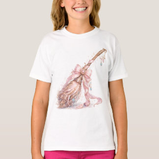 ピンクの魔法のほうきのガールズTシャツ Tシャツ