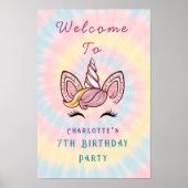 ピンクの魔法のユニコーン絞り染め誕生日ウェルカムサイン ポスター (正面)