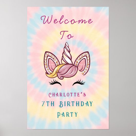 ピンクの魔法のユニコーン絞り染め誕生日ウェルカムサイン ポスター (正面)