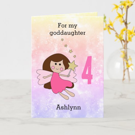 ピンクの魔法の妖精4thバースデーカード カード (黄色い花)