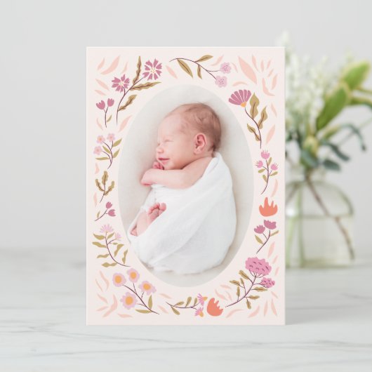 ピンクの魔法の牧草地の写真誕生のお知らせ 案内状 (スタンド正面)