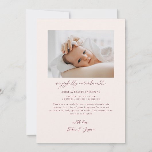 ピンクの魔法の牧草地の写真誕生のお知らせ 案内状 (裏面)