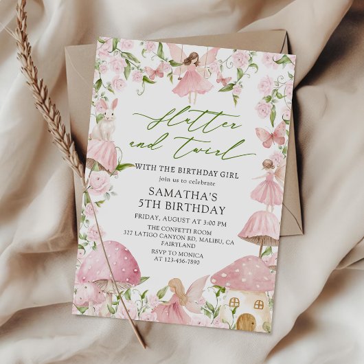 ピンクの魔法の花の妖精の庭の誕生日 招待状