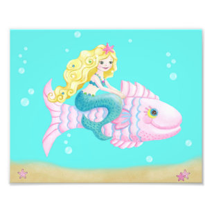 ピンクの魚のかわいい人魚 フォトプリント