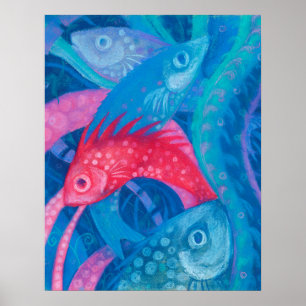 ピンクの魚のり海藻海動物の水中アート ポスター