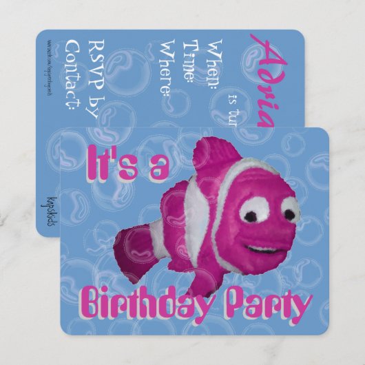 ピンクの魚の誕生日パーティー 招待状 (正面/裏面)
