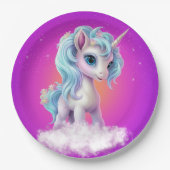 ピンクの鮮やかな空の下、雲の上にユニコーン ペーパープレート (正面)