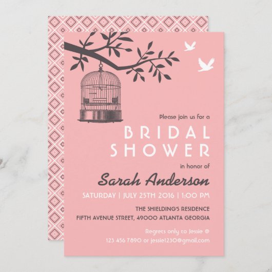 ピンクの鳥かごブライダル素朴シャワーの招待 招待状 (正面/裏面)