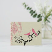 ピンクの鳥たち、木の上の鳥たち、ドット、ハート、愛 ポストカード (スタンド正面)