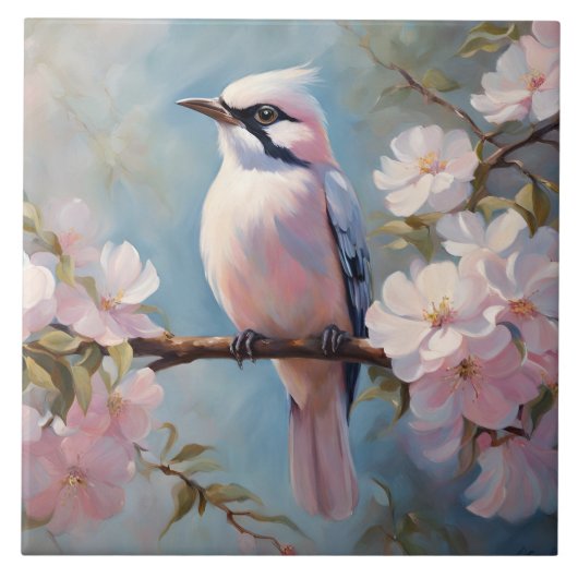 ピンクの鳥とさくらんぼの花 タイル (正面)