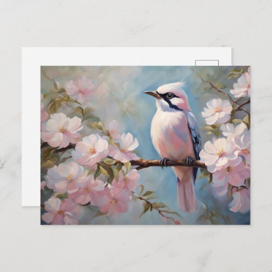ピンクの鳥とさくらんぼの花 ポストカード (正面/裏面)