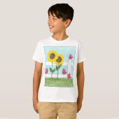 ピンクの鳥とひまわりの子供たち Tシャツ (正面フル)