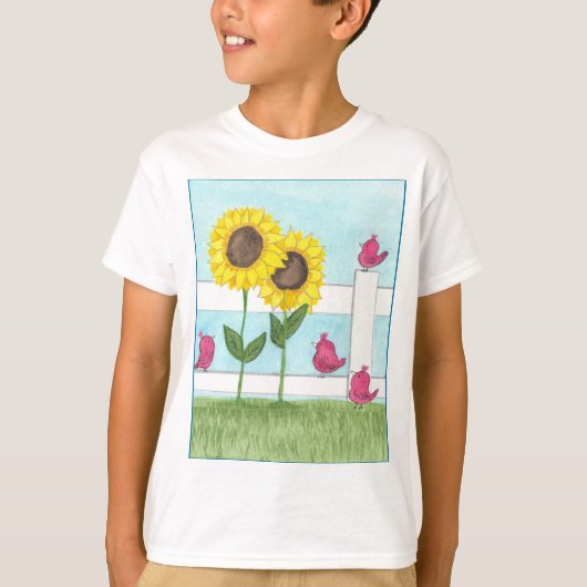 ピンクの鳥とひまわりの子供たち Tシャツ (正面)