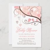 ピンクの鳥とハートストリングのベビーシャワー 招待状 (正面)