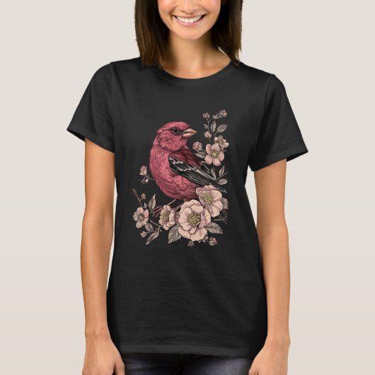 ピンクの鳥とバラ Tシャツ (正面)
