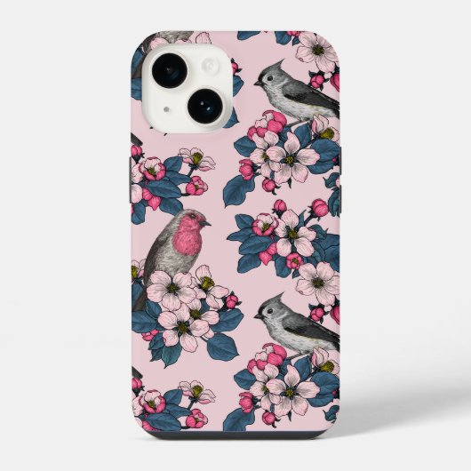ピンクの鳥と花 iPhoneケース (裏面)