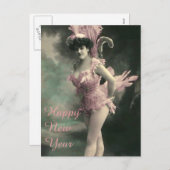 ピンクの鳥の衣装を着た女性の新年 シーズンポストカード (正面/裏面)