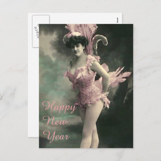 ピンクの鳥の衣装を着た女性の新年 シーズンポストカード (正面/裏面)