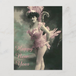 ピンクの鳥の衣装を着た女性の新年 シーズンポストカード