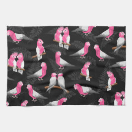 ピンクの鳥ガラのコカトゥー模様 キッチンタオル