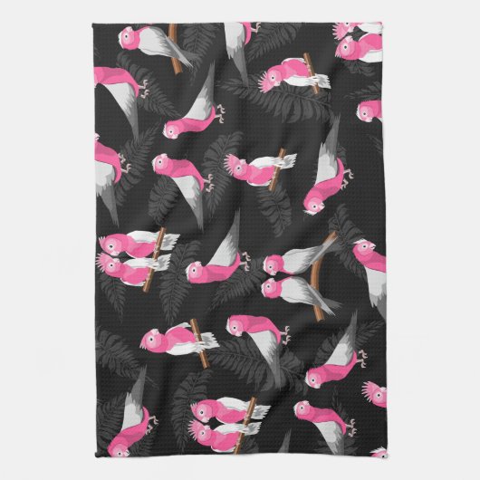 ピンクの鳥ガラのコカトゥー模様 キッチンタオル (縦)