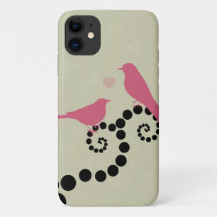 ピンクの鳥，木の上の鳥，点，ハート，愛 iPhone 11 ケース