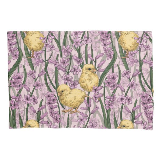 ピンクの鶏とヒヤシンス 枕カバー (正面左)