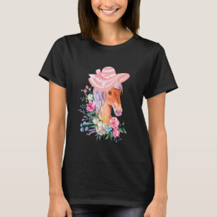 ピンクの麦わら帽子をかぶった競走馬 女性用競馬グッズ Tシャツ