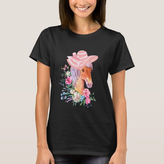 ピンクの麦わら帽子をかぶった競走馬 女性用競馬グッズ Tシャツ (正面)