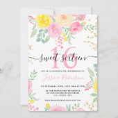 ピンクの黄色いバラのフローラ金ゴールドスクリプトSweet 16 招待状 (正面)