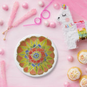 ピンクの黄色い曼荼羅の水彩画の紙皿 ペーパープレート (パーティー)