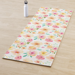 ピンクの黄色い水彩画の花 ヨガマット