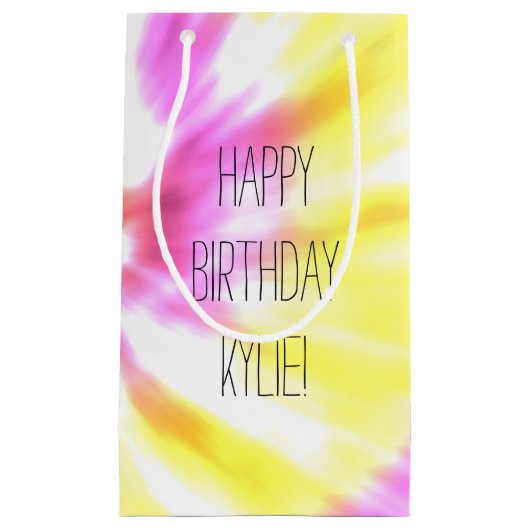 ピンクの黄色い絞り染め スモールペーパーバッグ (正面)