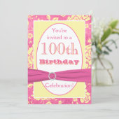ピンクの黄色く白い花柄の100th誕生日の招待状 招待状 (スタンド正面)