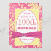 ピンクの黄色く白い花柄の100th誕生日の招待状 招待状 (正面/裏面)