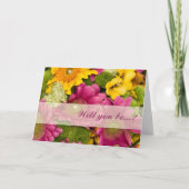 ピンクの黄色と緑のガーベラは私の花嫁の付き添いのカードです 招待状 (正面)