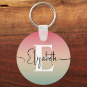 ピンクの黄色と緑のグラデーションスクリプト名モノグラム キーホルダー (正面)