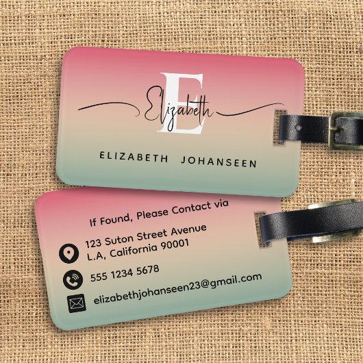 ピンクの黄色と緑のグラデーションスクリプト名モノグラム ラゲッジタグ