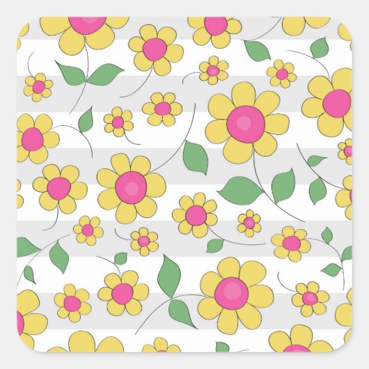 ピンクの黄色のデイジー花の春子供のドードル スクエアシール (正面)