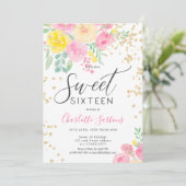 ピンクの黄色のバラのフローラ金ゴールドスクリプトsweet 16 招待状 (スタンド正面)