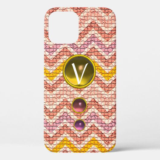 ピンクの黄色の宝石とモザイクシェブロンモノグラム Case-Mate iPhoneケース (裏面)