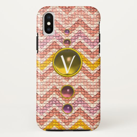 ピンクの黄色の宝石とモザイクシェブロンモノグラム Case-Mate iPhoneケース (裏面)