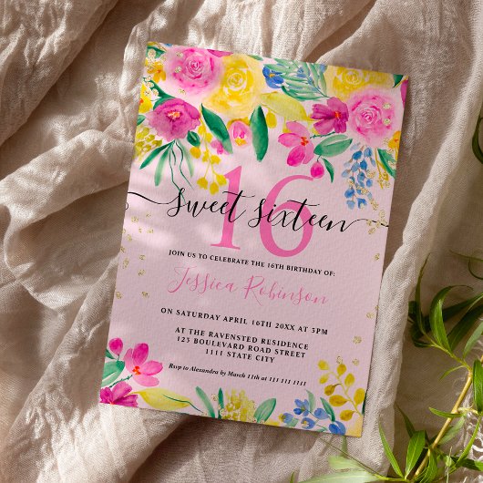 ピンクの黄色の明るいフローラ金ゴールドスクリプトSweet 16 招待状