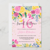 ピンクの黄色の明るいフローラ金ゴールドスクリプトSweet 16 招待状 (正面)