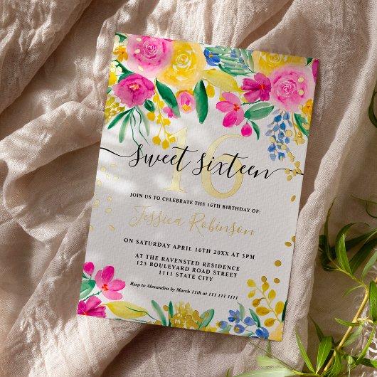 ピンクの黄色の明るいフローラ金ゴールドスクリプトSweet 16 箔招待状